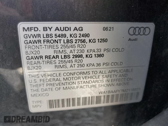 2021 Audi Q5 Premium Plus with VIN WA1BAAFY7M2118933, listed as a Copart auction lot 57853415 with 58,112 mi miles and Salvage title. Bid and sale history available at DreamBid. Image 14.