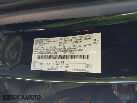 2018 Ford F-150 XL with VIN 1FTFW1EG9JFC63669, listed as a IAAI auction lot 41748012 with 143,584 mi miles. Bid and sale history available at carsss.com. Image 9.