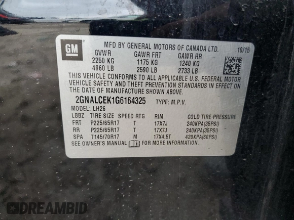2016 Chevrolet Equinox LT with VIN 2GNALCEK1G6164325, listed as a Copart auction lot 53672495 with 194,907 mi miles and Clean Title. Bid and sale history available at DreamBid. Image 13.
