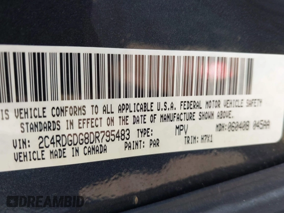 2013 Dodge Grand Caravan Crew with VIN 2C4RDGDG8DR795483, listed as a IAAI auction lot 41781570 with 188,098 mi miles and . Bid and sale history available at DreamBid. Image 9.
