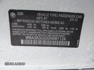 2013 BMW 3 Series 328i xDrive with VIN WBA3B3G50DNR81124, listed as a IAAI auction lot 41087933 with 133,660 mi miles and . Bid and sale history available at DreamBid. Image 9.
