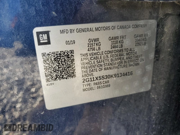 2019 Chevrolet Impala LS with VIN 2G11X5S30K9134416, listed as a Copart auction lot 46023985 with 125,517 mi miles and Salvage Title. Bid and sale history available at DreamBid. Image 12.