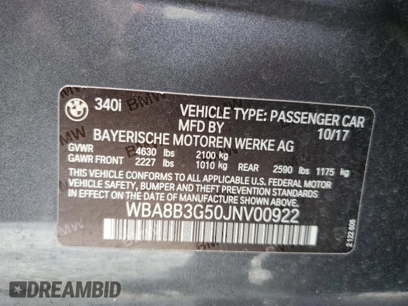 2018 BMW 3 Series 340i z VIN WBA8B3G50JNV00922, wystawiony jako Copart lot #46361935 z przebiegiem 54 430 mil mil oraz Szkoda całkowita • Salvage title. Historia ofert i sprzedaży dostępna na DreamBid. Obrazek 12.