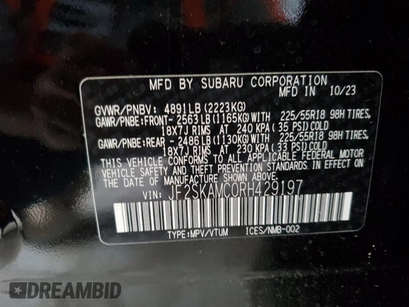 2024 Subaru Forester Touring z VIN JF2SKAMC0RH429197, wystawiony jako Copart lot #50842975 z przebiegiem 7 050 mil mil oraz Szkoda całkowita • Salvage title. Historia ofert i sprzedaży dostępna na DreamBid. Obrazek 13.