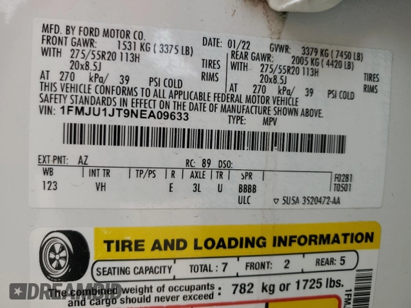 2022 Ford Expedition XLT with VIN 1FMJU1JT9NEA09633, listed as a Copart auction lot 45299235 with 75,486 mi miles and Salvage title. Bid and sale history available at DreamBid. Image 15.