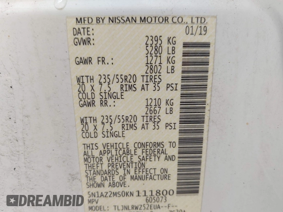 2019 Nissan Murano S with VIN 5N1AZ2MS0KN111800, listed as a IAAI auction lot 41836192 with 81,764 mi miles. Bid and sale history available at carsss.com. Image 9.