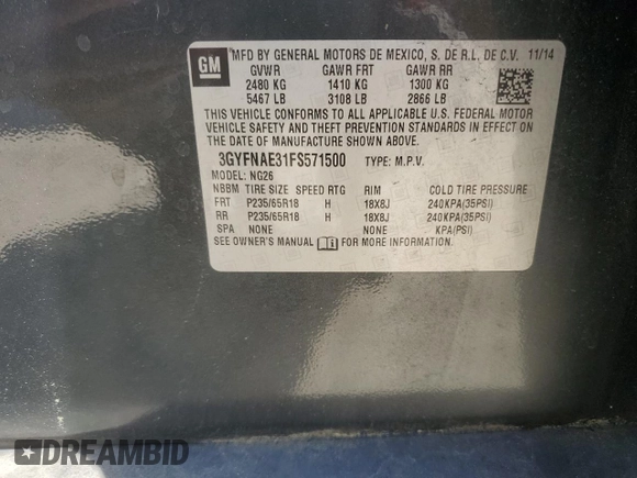 2015 Cadillac SRX z VIN 3GYFNAE31FS571500, wystawiony jako Copart lot #54106885 z przebiegiem 123 114 mil mil oraz Szkoda całkowita • Salvage title. Historia ofert i sprzedaży dostępna na DreamBid. Obrazek 13.
