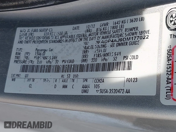 2013 Ford Fiesta S with VIN 3FADP4AJ9DM177022, listed as a IAAI auction lot 42535909 with 174,631 mi miles and . Bid and sale history available at DreamBid. Image 9.