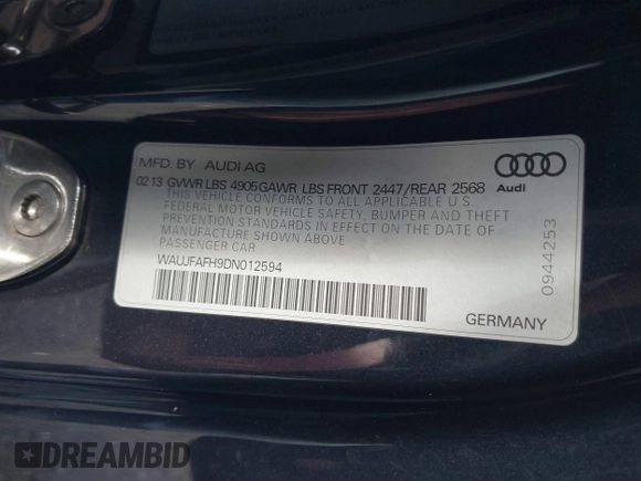 2013 Audi A5 2.0T Premium Plus with VIN WAUJFAFH9DN012594, listed as a IAAI auction lot 41205099 with 149,243 mi miles. Bid and sale history available at carsss.com. Image 9.