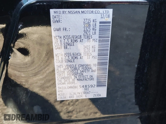 2019 Infiniti QX60 LUXE with VIN 5N1DL0MN0KC548592, listed as a IAAI auction lot 41305876 with 142,064 mi miles. Bid and sale history available at carsss.com. Image 9.