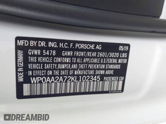 2019 Porsche Panamera с VIN WP0AA2A72KL102345, выставлен на аукционе IAAI как лот 42011097 с пробегом 55 712 миль миль и . История ставок и продаж доступна на DreamBid. Изображение 9.