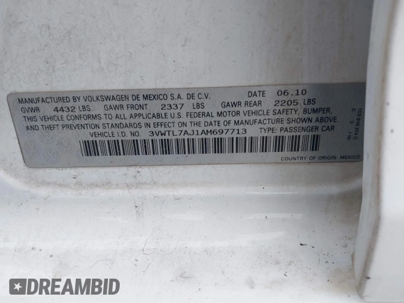 2010 Volkswagen Jetta TDI with VIN 3VWTL7AJ1AM697713, listed as a IAAI auction lot 42059765 with 302,664 mi miles and . Bid and sale history available at DreamBid. Image 9.
