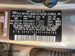 2014 Kia Sorento LX with VIN 5XYKTCA68EG464742, listed as a Copart auction lot 53181755 with 103,465 mi miles and Clean Title. Bid and sale history available at carsss.com. Image 13.