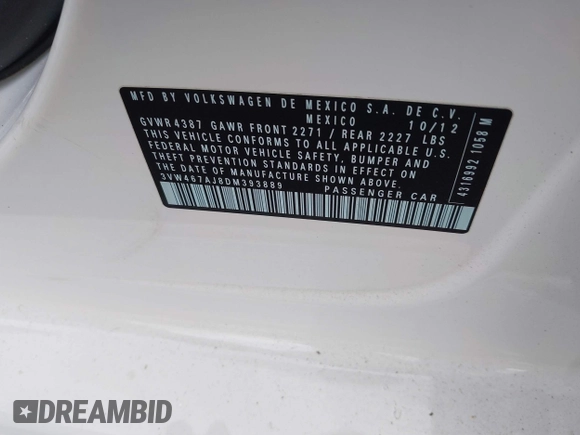 2013 Volkswagen Jetta GLI Autobahn с VIN 3VW467AJ8DM393889, выставлен на аукционе IAAI как лот 40807143 с пробегом Не указан миль и . История ставок и продаж доступна на DreamBid. Изображение 9.
