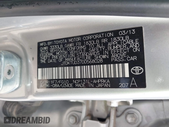 2013 Toyota Yaris L with VIN JTDKTUD37DD568028, listed as a IAAI auction lot 41885722 with 149,624 mi miles. Bid and sale history available at carsss.com. Image 9.