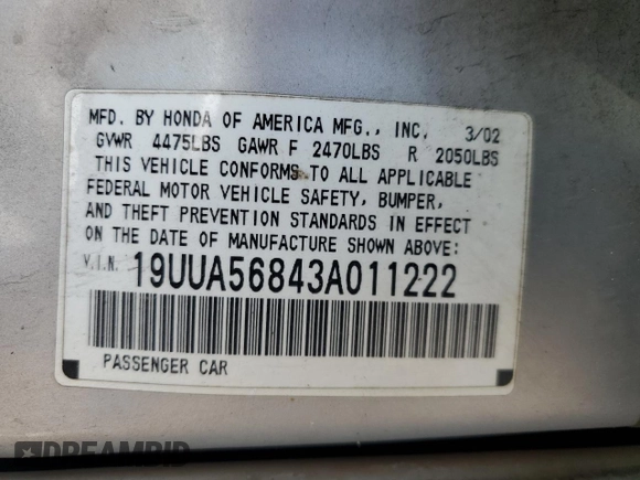 2003 Acura TL Type S with VIN 19UUA56843A011222, listed as a Copart auction lot 49845805 with 205,221 mi miles and Salvage Title. Bid and sale history available at carsss.com. Image 12.
