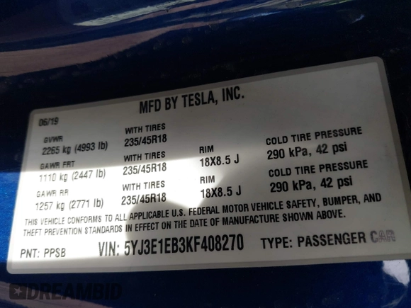 2019 Tesla Model 3 Long Range with VIN 5YJ3E1EB3KF408270, listed as a IAAI auction lot 41773713 with 78,519 mi miles. Bid and sale history available at carsss.com. Image 9.