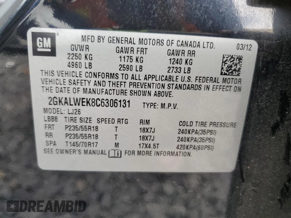 2012 GMC Terrain SLT-2 with VIN 2GKALWEK8C6306131, listed as a Copart auction lot 60865125 with 139,375 mi miles and Salvage title. Bid and sale history available at DreamBid. Image 13.