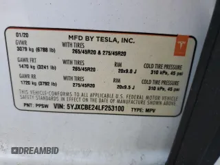 2020 Tesla Model X Long Range with VIN 5YJXCBE24LF253100, listed as a Copart auction lot 53601095 with Not Provided miles and Salvage Title. Bid and sale history available at carsss.com. Image 13.