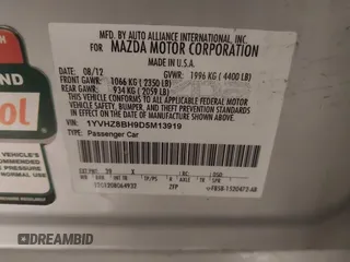 2013 Mazda 6 i Sport with VIN 1YVHZ8BH9D5M13919, listed as a IAAI auction lot 41712211 with 123,213 mi miles. Bid and sale history available at carsss.com. Image 9.