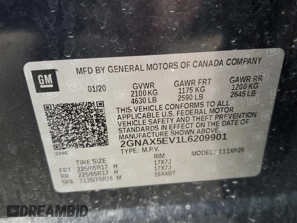 2020 Chevrolet Equinox LS with VIN 2GNAX5EV1L6209901, listed as a Copart auction lot 84914344 with 126,380 mi miles and Clean title. Bid and sale history available at DreamBid. Image 13.