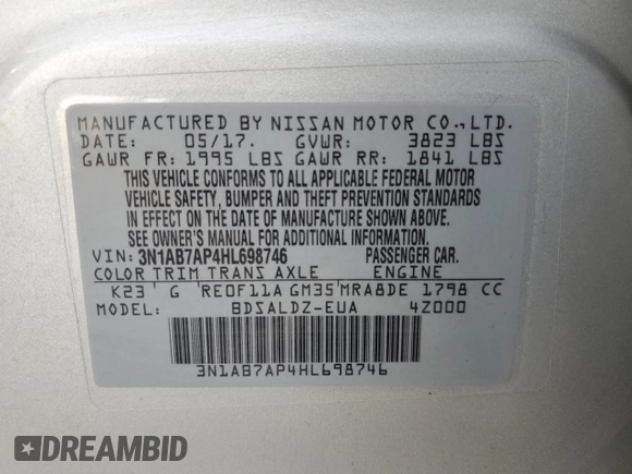 2017 Nissan Sentra SV z VIN 3N1AB7AP4HL698746, wystawiony jako Copart lot #84210594 z przebiegiem 150 673 mil mil oraz Szkoda całkowita • Salvage title. Historia ofert i sprzedaży dostępna na DreamBid. Obrazek 13.