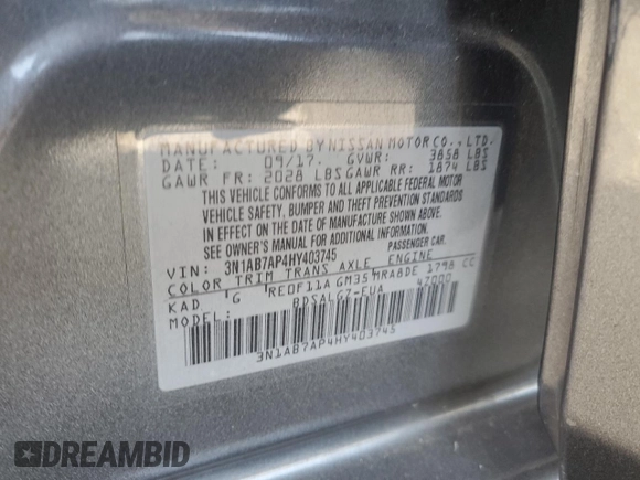2017 Nissan Sentra SL with VIN 3N1AB7AP4HY403745, listed as a Copart auction lot 58239715 with 94,429 mi miles and Salvage title. Bid and sale history available at DreamBid. Image 12.
