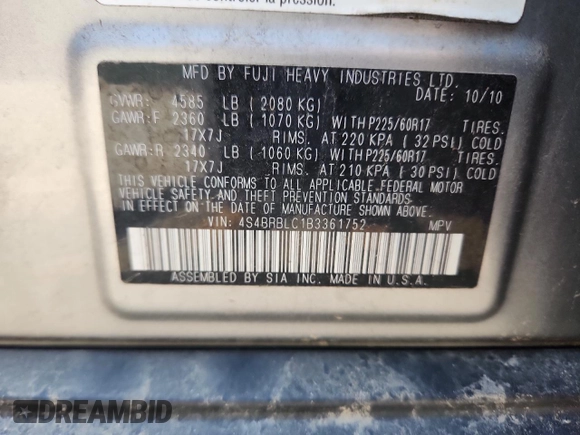 2011 Subaru Outback Limited Power Moon with VIN 4S4BRBLC1B3361752, listed as a Copart auction lot 61690275 with 201,994 mi miles and Clean title. Bid and sale history available at DreamBid. Image 13.