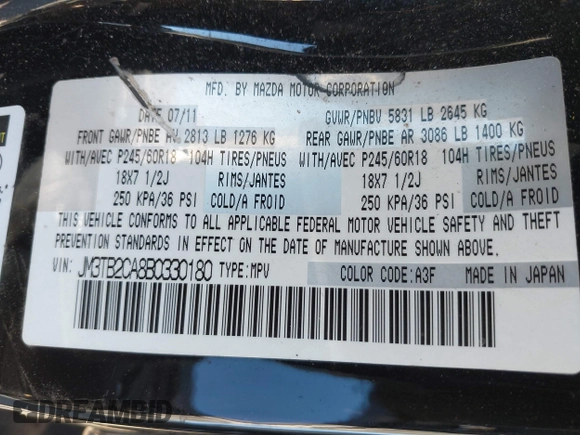 2011 Mazda CX-9 Touring with VIN JM3TB2CA8B0330180, listed as a IAAI auction lot 41819115 with 196,238 mi miles and . Bid and sale history available at DreamBid. Image 9.