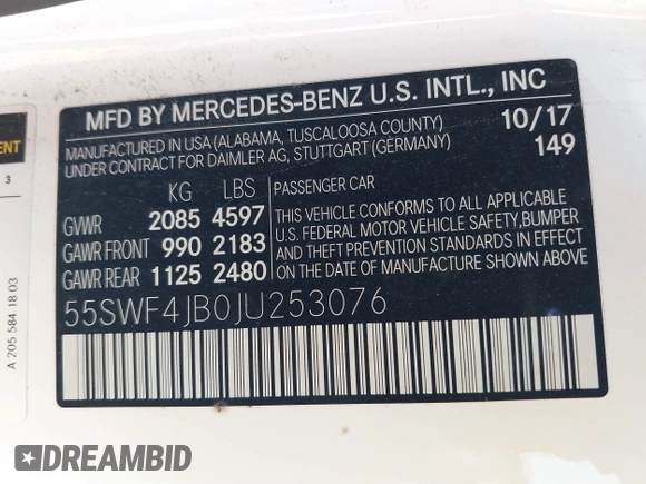 2018 Mercedes-Benz C 300 with VIN 55SWF4JB0JU253076, listed as a IAAI auction lot 41890485 with 132,147 mi miles and . Bid and sale history available at DreamBid. Image 9.