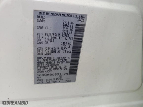 2017 Nissan Pathfinder SV with VIN 5N1DR2MN5HC633379, listed as a Copart auction lot 54587415 with 96,826 mi miles and Salvage Title. Bid and sale history available at carsss.com. Image 13.