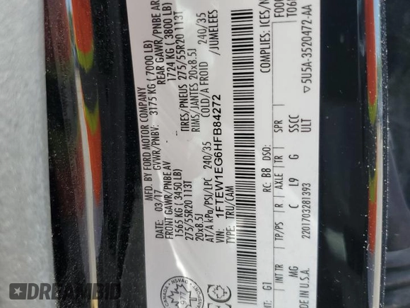 2017 Ford F-150 XL with VIN 1FTEW1EG6HFB84272, listed as a Copart auction lot 56340575 with Not provided miles and Salvage title. Bid and sale history available at DreamBid. Image 13.