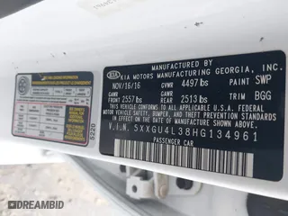 2017 Kia Optima EX with VIN 5XXGU4L38HG134961, listed as a IAAI auction lot 41976191 with 91,874 mi miles. Bid and sale history available at carsss.com. Image 9.
