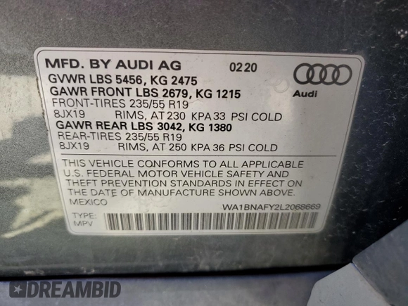 2020 Audi Q5 Premium Plus with VIN WA1BNAFY2L2068669, listed as a Copart auction lot 53260195 with 41,900 mi miles and Salvage Title. Bid and sale history available at carsss.com. Image 14.
