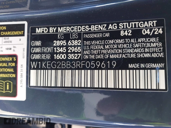 2024 Mercedes-Benz EQE 350+ z VIN W1KEG2BB3RF059619, wystawiony jako IAAI lot #41865785 z przebiegiem 790 mil mil oraz . Historia ofert i sprzedaży dostępna na DreamBid. Obrazek 9.