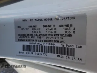 2022 Mazda Mazda3 Hatchback Premium with VIN JM1BPAML2N1518904, listed as a Copart auction lot 36747253 with 4,927 mi miles. Bid and sale history available at carsss.com. Image 14.