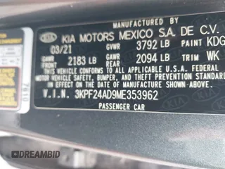 2021 Kia Forte FE with VIN 3KPF24AD9ME353962, listed as a IAAI auction lot 42108069 with 63,827 mi miles and . Bid and sale history available at carsss.com. Image 9.