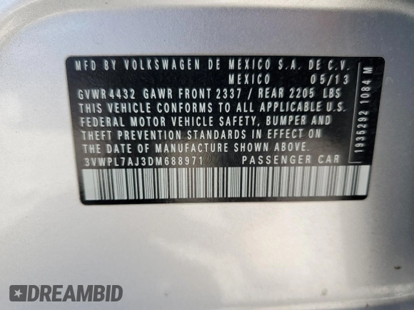 2013 Volkswagen Jetta TDI w/Sunroof & Nav with VIN 3VWPL7AJ3DM688971, listed as a Copart auction lot 62881485 with 235,480 mi miles and Clean title. Bid and sale history available at DreamBid. Image 12.