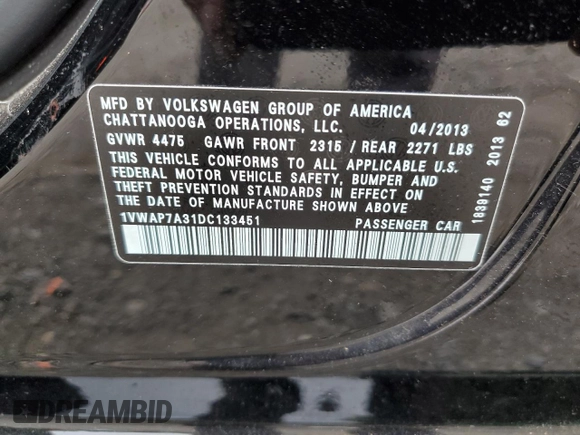 2013 Volkswagen Passat Wolfsburg Edition with VIN 1VWAP7A31DC133451, listed as a Copart auction lot 69592224 with 76,611 mi miles and Salvage Title. Bid and sale history available at carsss.com. Image 13.