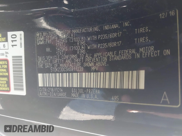 2017 Toyota Sienna LE Auto Access Seat with VIN 5TDKZ3DC5HS811239, listed as a IAAI auction lot 42723268 with 170,309 mi miles and . Bid and sale history available at DreamBid. Image 9.