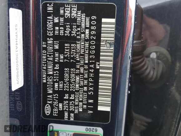 2016 Kia Sorento EX with VIN 5XYPH4A13GG029809, listed as a Copart auction lot 77331854 with 108,989 mi miles and Non Repairable. Bid and sale history available at DreamBid. Image 13.