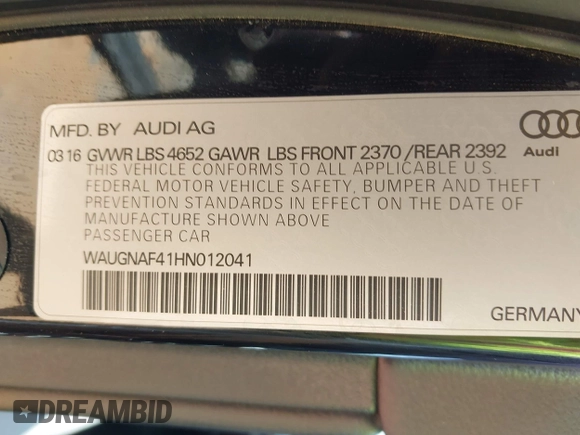 2017 Audi A4 Premium z VIN WAUGNAF41HN012041, wystawiony jako IAAI lot #42077042 z przebiegiem 145 856 mil mil oraz . Historia ofert i sprzedaży dostępna na DreamBid. Obrazek 9.