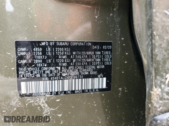 2023 Subaru Outback Onyx with VIN 4S4BTALCXP3186730, listed as a Copart auction lot 58182195 with Not provided miles and Salvage title. Bid and sale history available at DreamBid. Image 12.