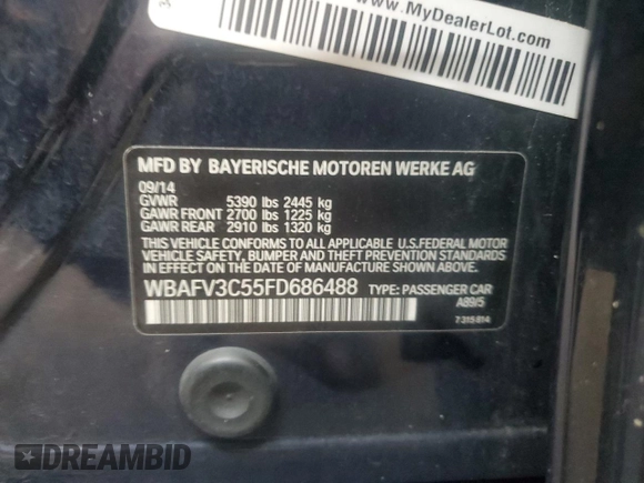 2015 BMW 5 Series 535d xDrive with VIN WBAFV3C55FD686488, listed as a Copart auction lot 56680554 with 109,023 mi miles and Salvage title. Bid and sale history available at DreamBid. Image 12.