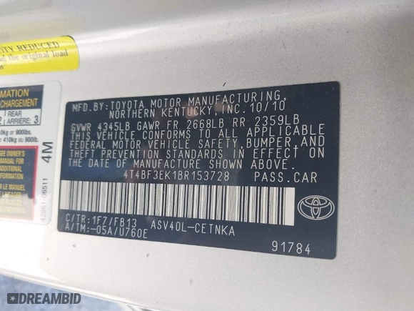 2011 Toyota Camry LE with VIN 4T4BF3EK1BR153728, listed as a IAAI auction lot 41861884 with 120,386 mi miles. Bid and sale history available at carsss.com. Image 9.