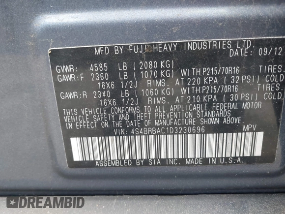 2013 Subaru Outback 2.5i с VIN 4S4BRBAC1D3230696, выставлен на аукционе IAAI как лот 42301797 с пробегом 248 450 миль миль и . История ставок и продаж доступна на DreamBid. Изображение 9.