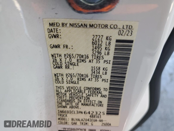 2023 Nissan Frontier S with VIN 1N6ED1CL3PN642325, listed as a Copart auction lot 58234515 with 70,354 mi miles and Clean title. Bid and sale history available at DreamBid. Image 12.
