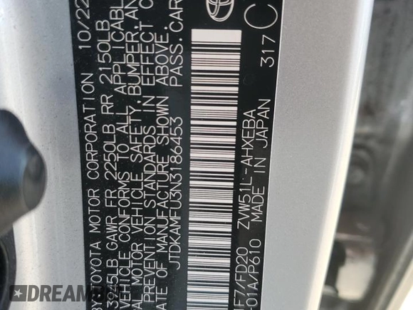 2022 Toyota Prius L Eco z VIN JTDKAMFU3N3186453, wystawiony jako Copart lot #57085015 z przebiegiem 29 944 mil mil oraz Szkoda całkowita • Salvage title. Historia ofert i sprzedaży dostępna na DreamBid. Obrazek 12.