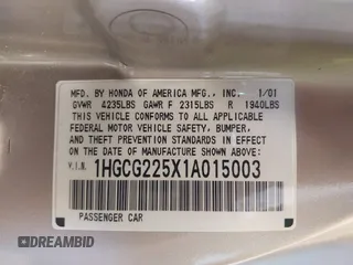 2001 Honda Accord EX с VIN 1HGCG225X1A015003, выставлен на аукционе IAAI как лот 41866796 с пробегом 196 000 миль миль и . История ставок и продаж доступна на DreamBid. Изображение 9.