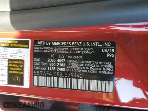 2018 Mercedes-Benz C 300 with VIN 55SWF4JB8JU279442, listed as a Copart auction lot 60338015 with 120,247 mi miles and Salvage title. Bid and sale history available at DreamBid. Image 12.